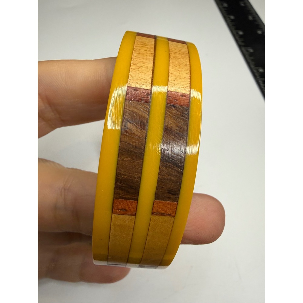 Mustard Yellow Resin Bangle Bracelet with Mixed Wood Inlay Detail